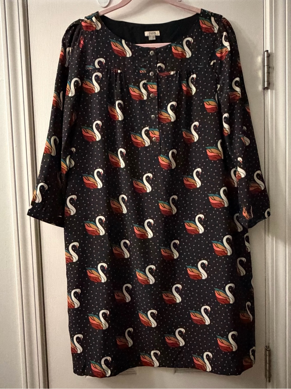 Fossil VGUC Black 100% Silk Swan Polka Dot Print Shift Dress Size M